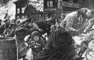 Residents from the town of Peshtigo attempt to escape the inferno. Residents from the town of Peshtigo attempt to escape the inferno.