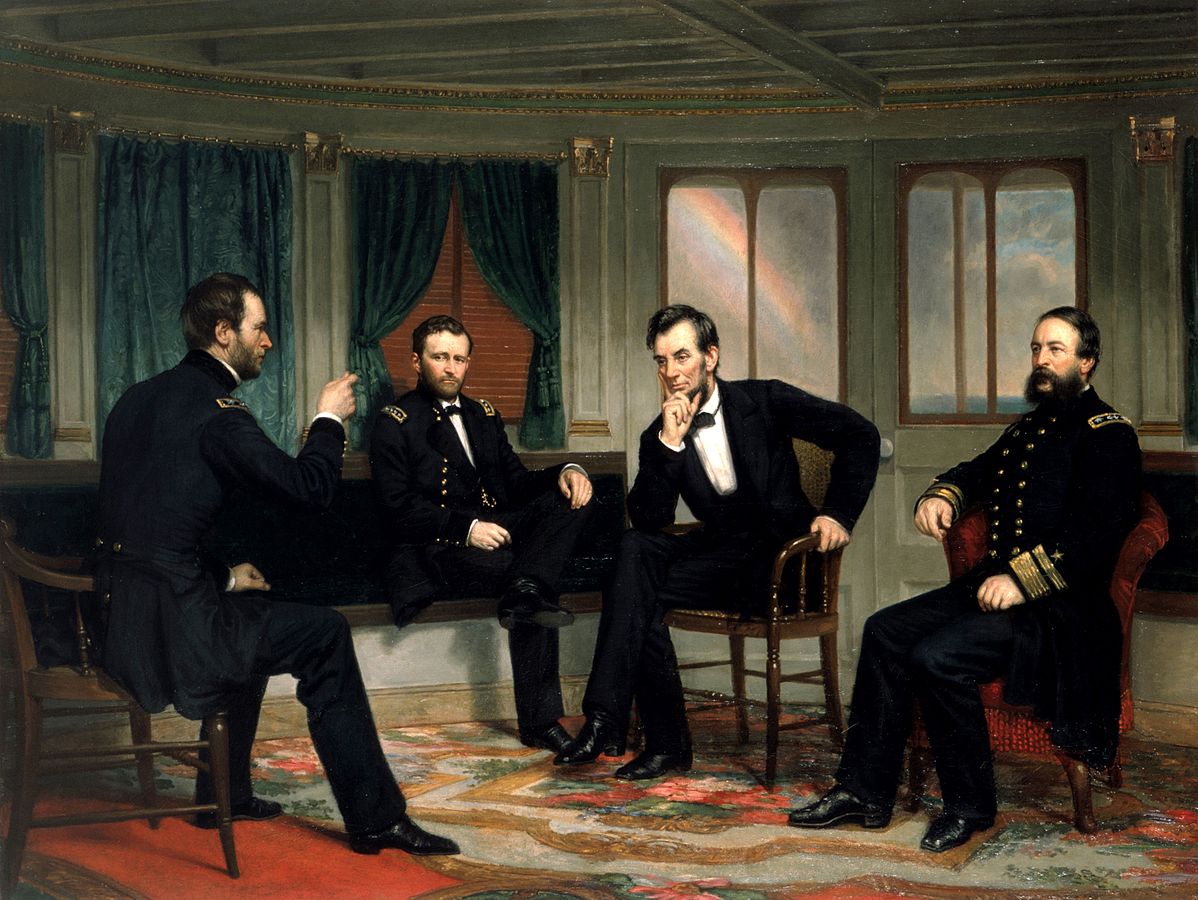 Grant (center left) depicted next to Lincoln, General Sherman (far left), and Admiral Porter (right) Grant (center left) depicted next to Lincoln, General Sherman (far left), and Admiral Porter (right)