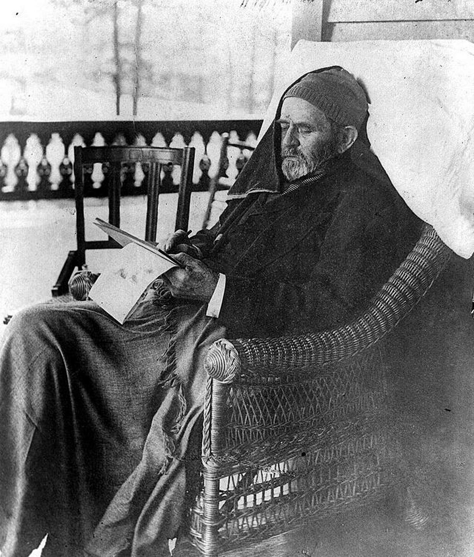 Grant writing his memoirs, days before his death Grant writing his memoirs, days before his death