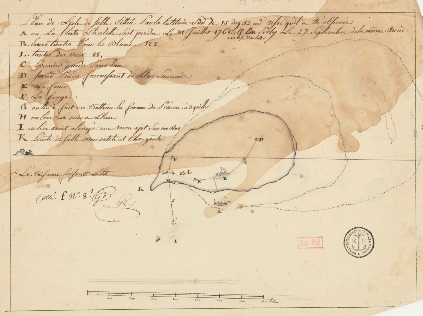 Map of the island drawn based on the French survivors’ account, or possibly by one of them. Note La Providence below the island, to the left of the letter I (gallica.bnf.fr / Bibliothèque nationale de France)