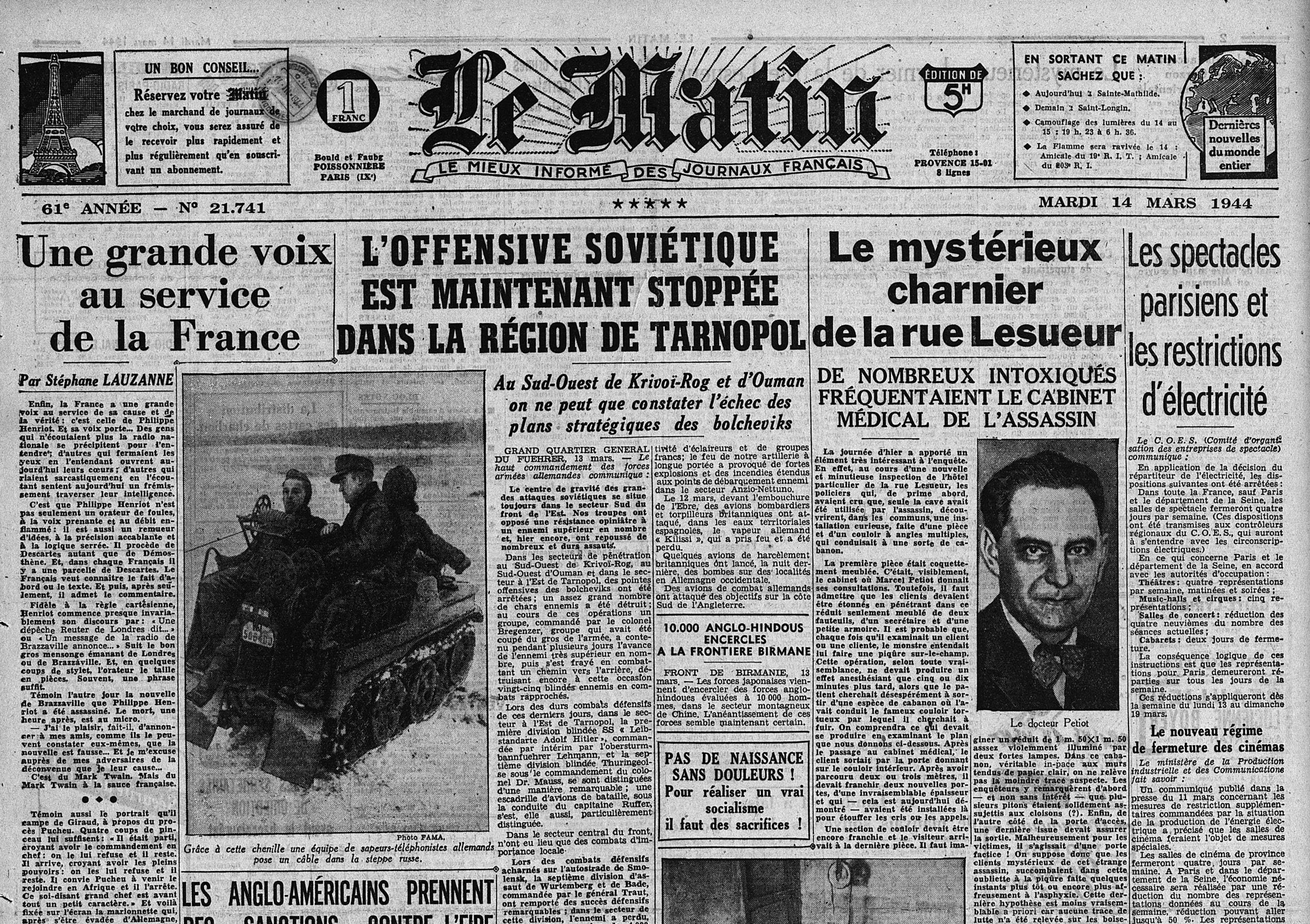 The Petiot affair as front-page news in Le Matin with the headline 'The mysterious mass grave of Rue le Sueur'