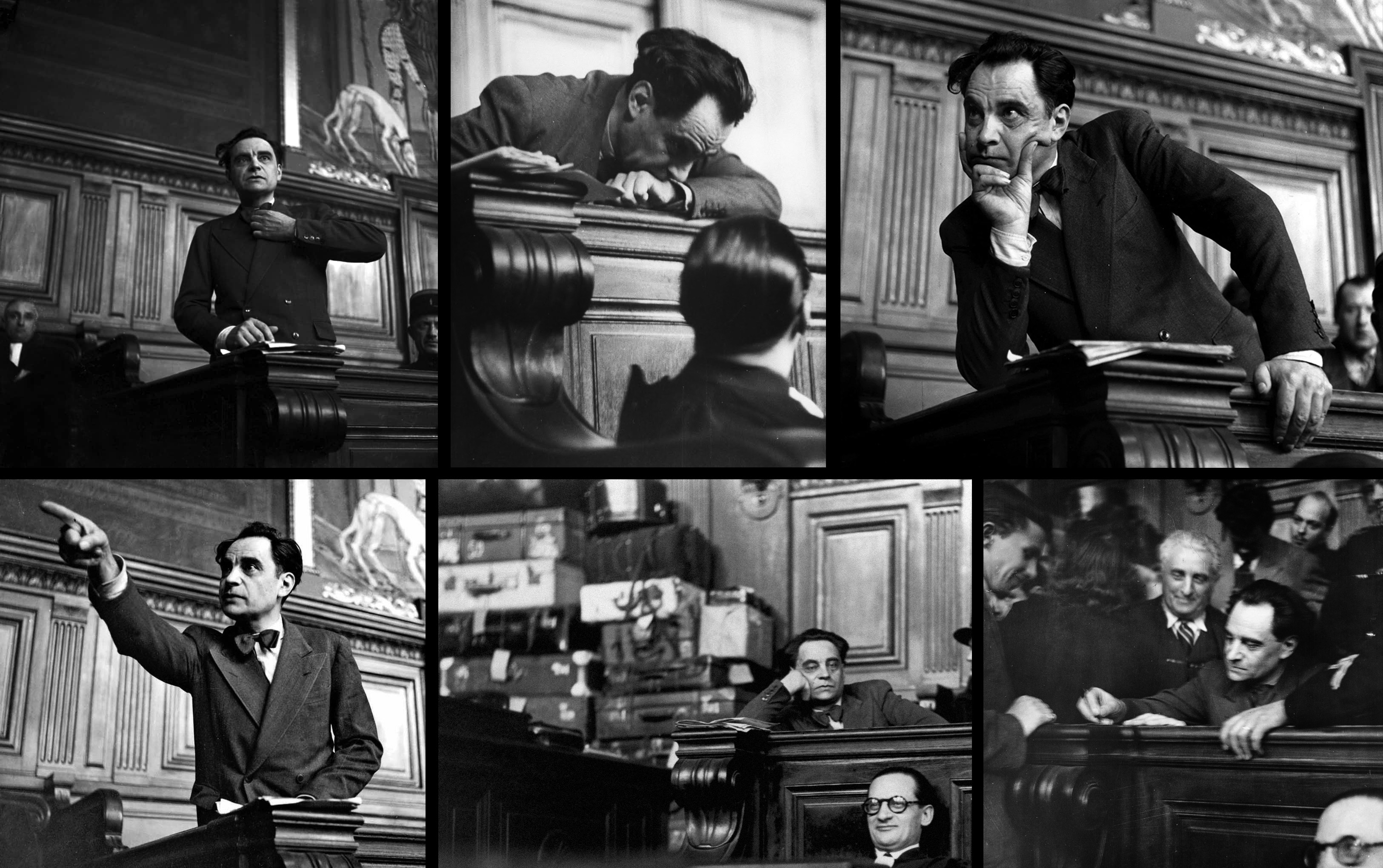 Scenes from the courtroom. On the lower right Petiot signs autographs during a break.