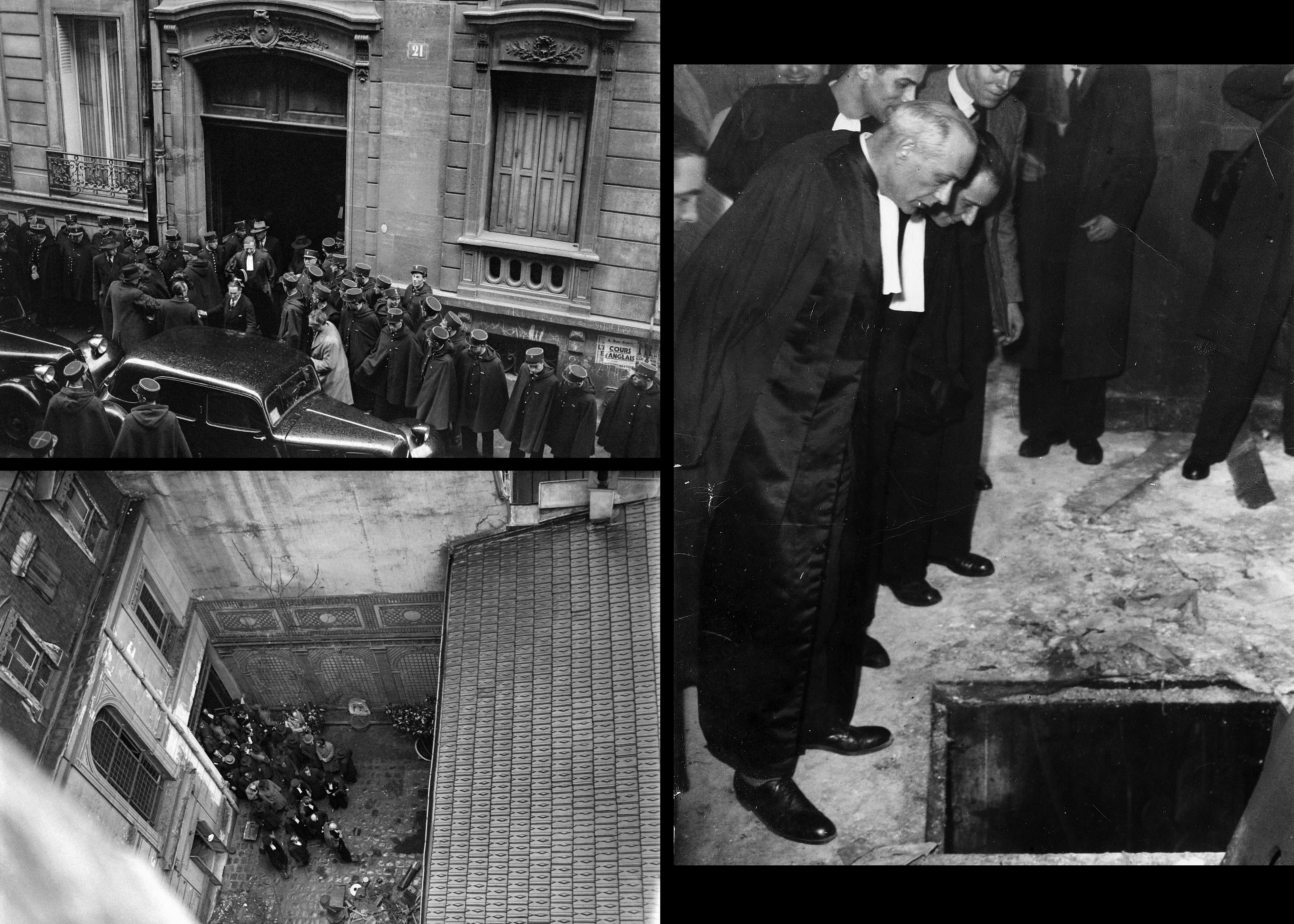 The court tour of 21 Rue le Sueur. Top left: arrival of the motorcade. Bottom left: The crowd enters the private courtyard. Right: Court officials look into the quicklime pit.