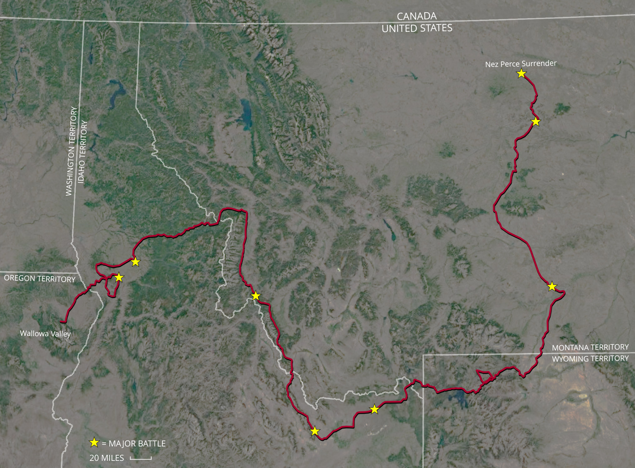 The approximate route (in red) taken by the Nez Perce in 1877