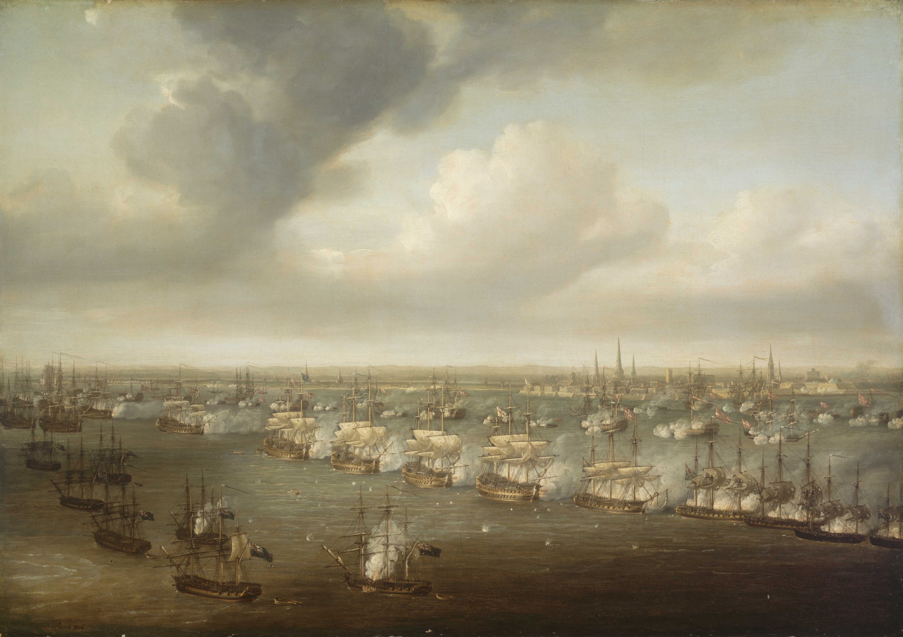 The Battle of Copenhagen, the Charlotte Amalie among the vessels on the right